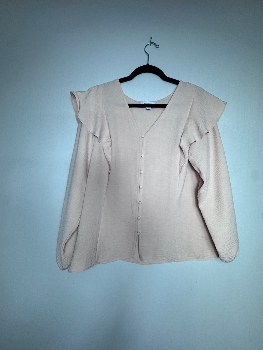 Nine West Soft Cream Ruffle-Shoulder Button Front Blouse